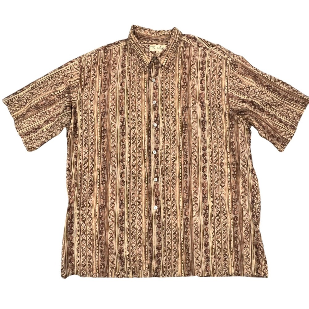 Tori Richard Hawaiian Shirt Mens XL Tan Brown Tribal Geometric 100% Cotton Lawn